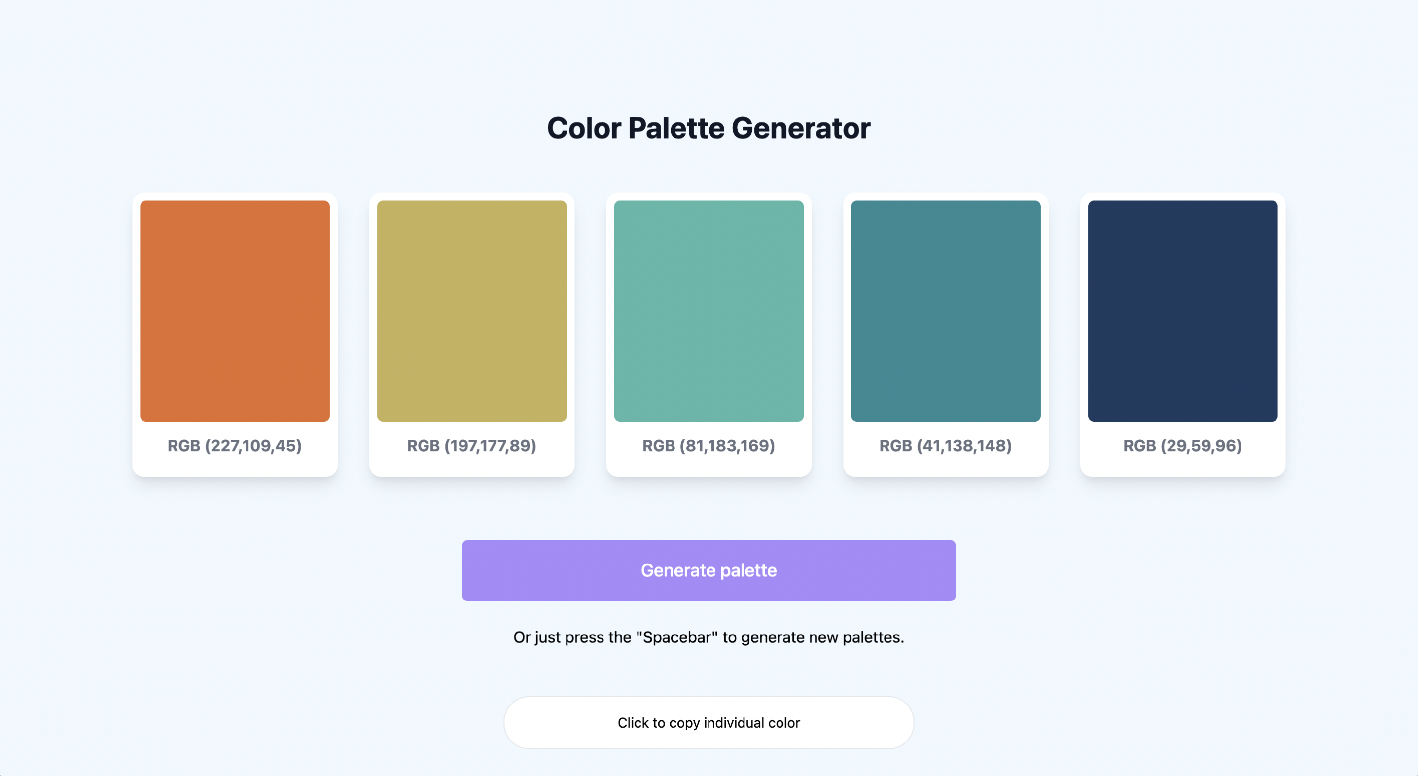 Screenshot of Random color palette generator web app