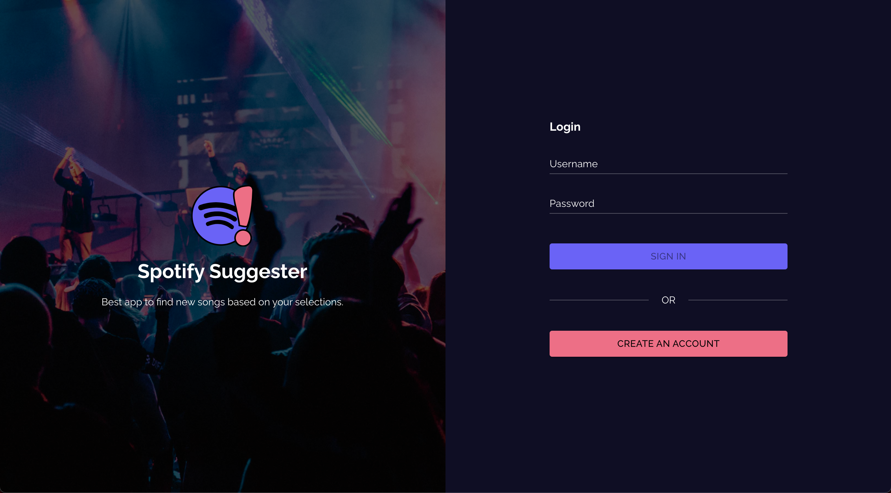 Image of login screen for the Spotify Suggester app